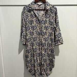 La Mer Luxe Shirt Dress Womens Small Blue Floral Button Up Pockets Rayon Boho